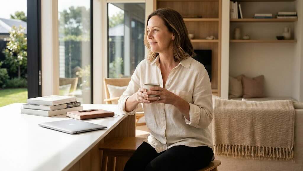 Woman Jeanette sitting at home holding a mug, looking out a window.