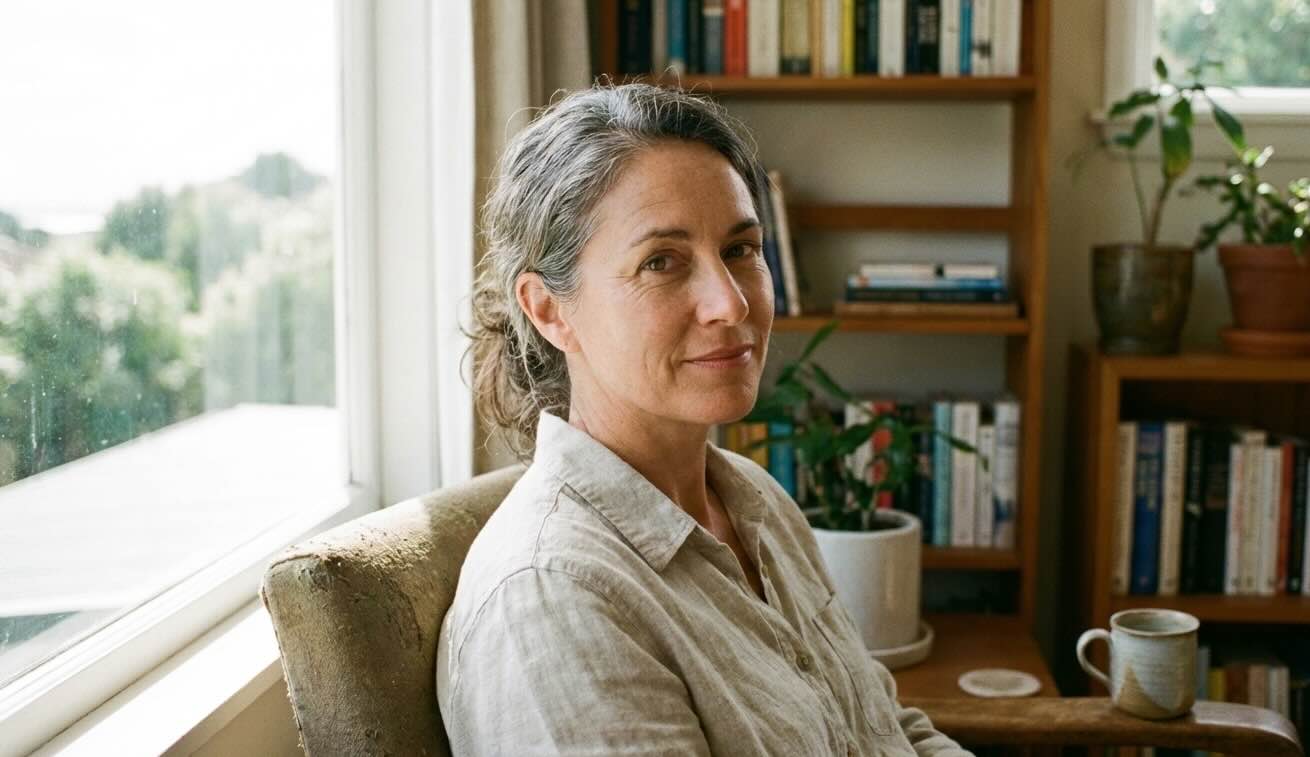 Judy, a middle-aged woman, sitting in her living room by a window in a calm, light-filled room, looking relaxed and thoughtful.