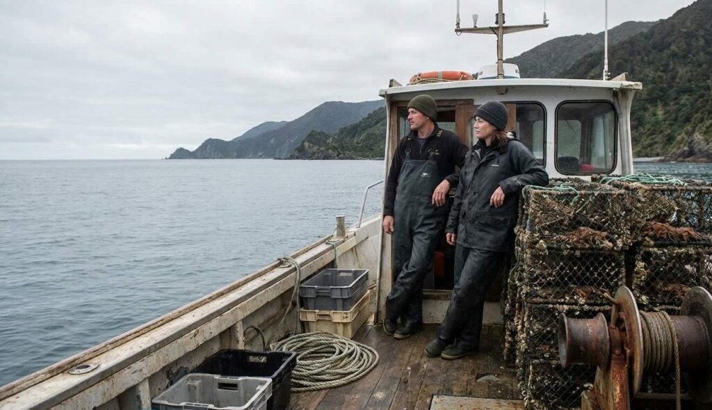 David and Helen commercial fishers standing quietly on the deck of a working fishing boat off the New Zealand coast.